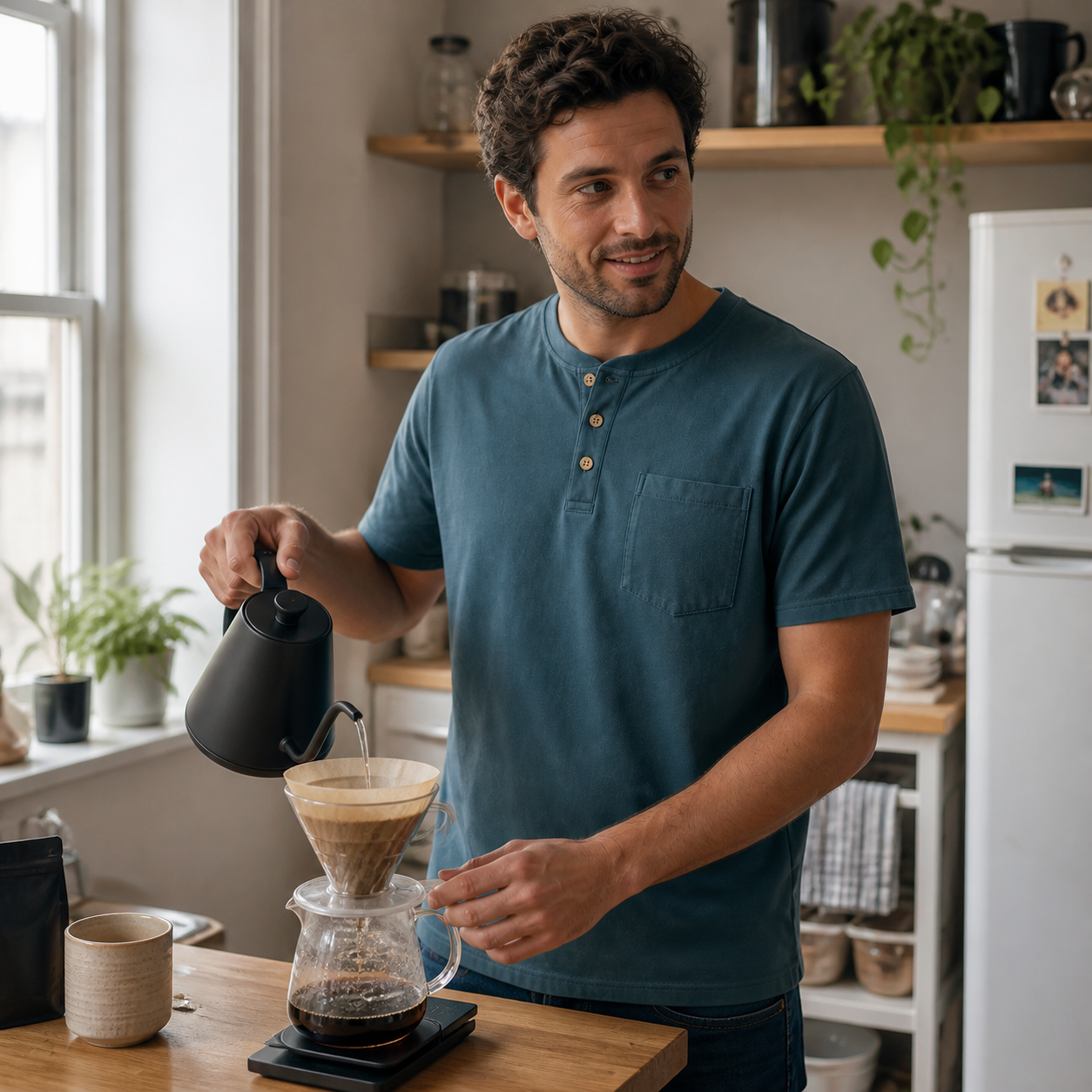 Slate Teal pocket Henley in a natural home coffee scene