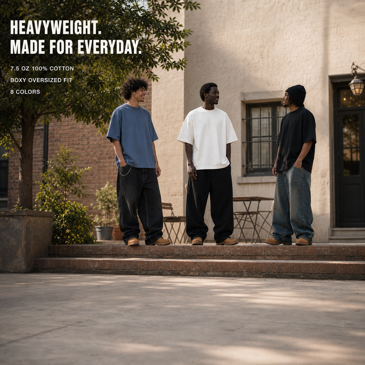 Three models wearing heavyweight oversized cotton T-shirts in everyday colors