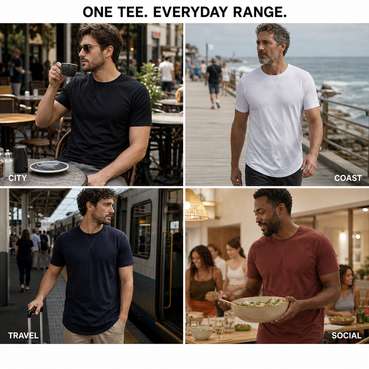 Longline X-stitch crew-neck T-shirts for city, coast, travel and social wear