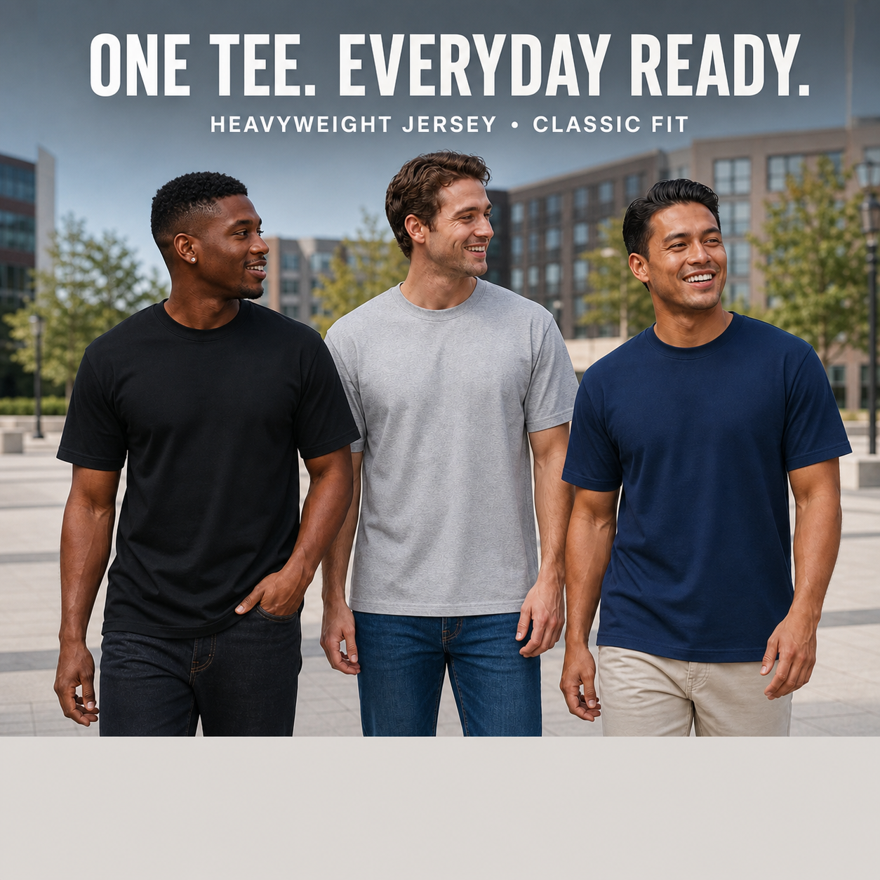 Three male models wearing black, heather gray, and navy heavyweight classic-fit T-shirts