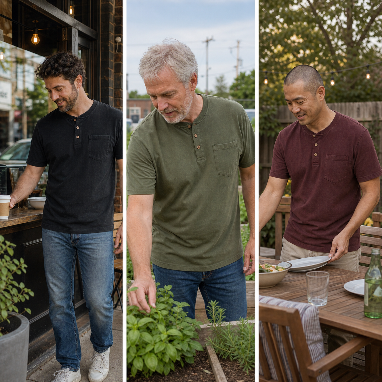 Pocket Henley in three natural everyday scenes