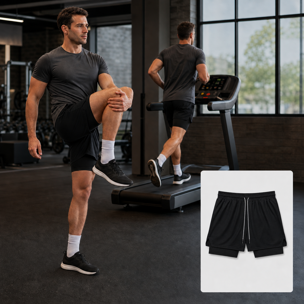 Plain 2-in-1 athletic shorts in a realistic training setting