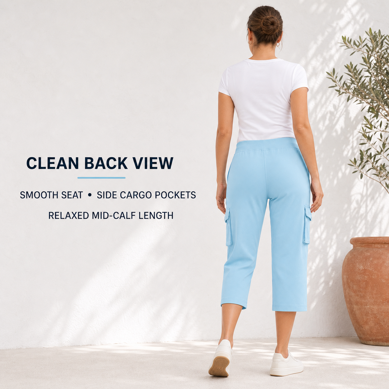 Sky Blue women's cargo capri pants back view