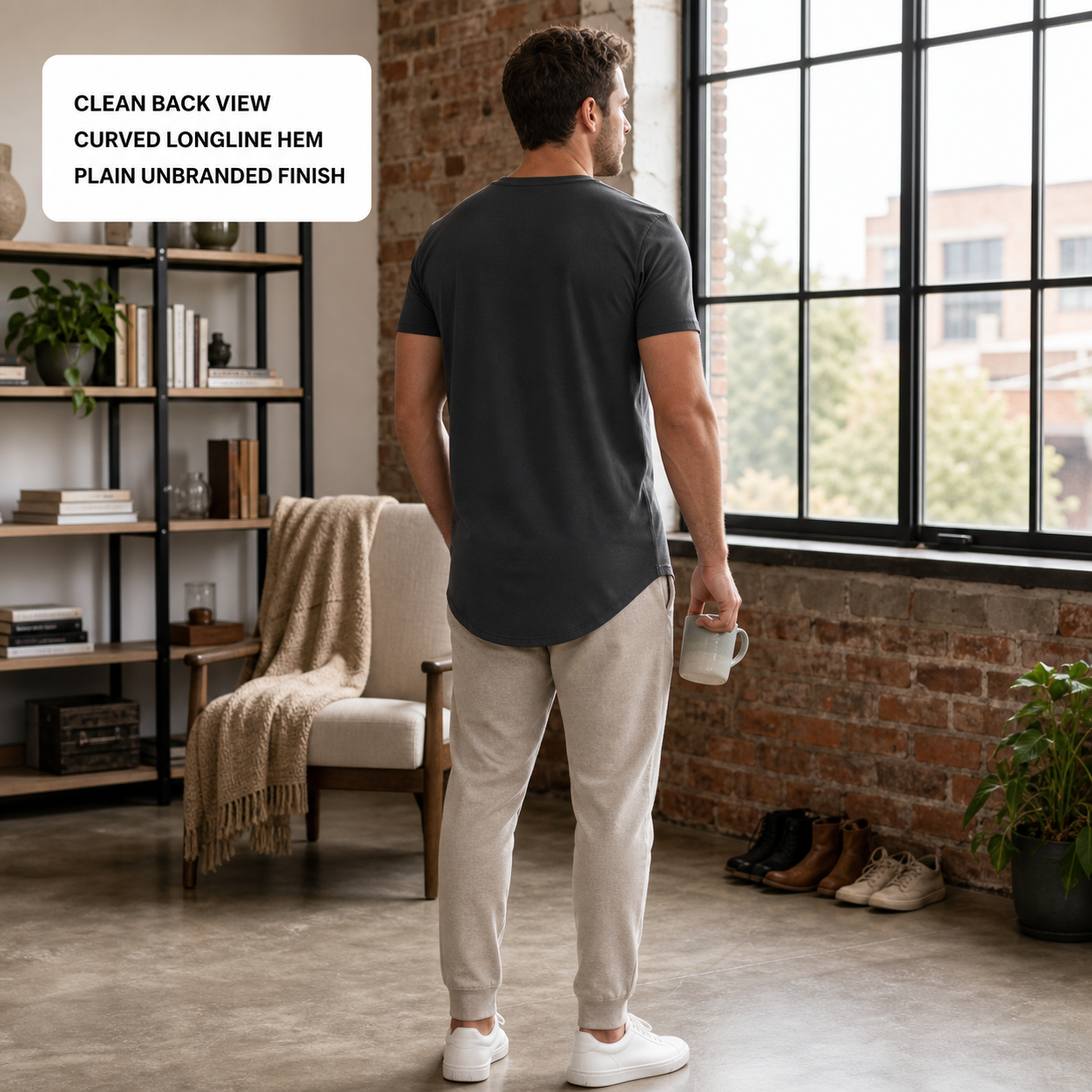 Back view of the longline crew-neck T-shirt with curved hem