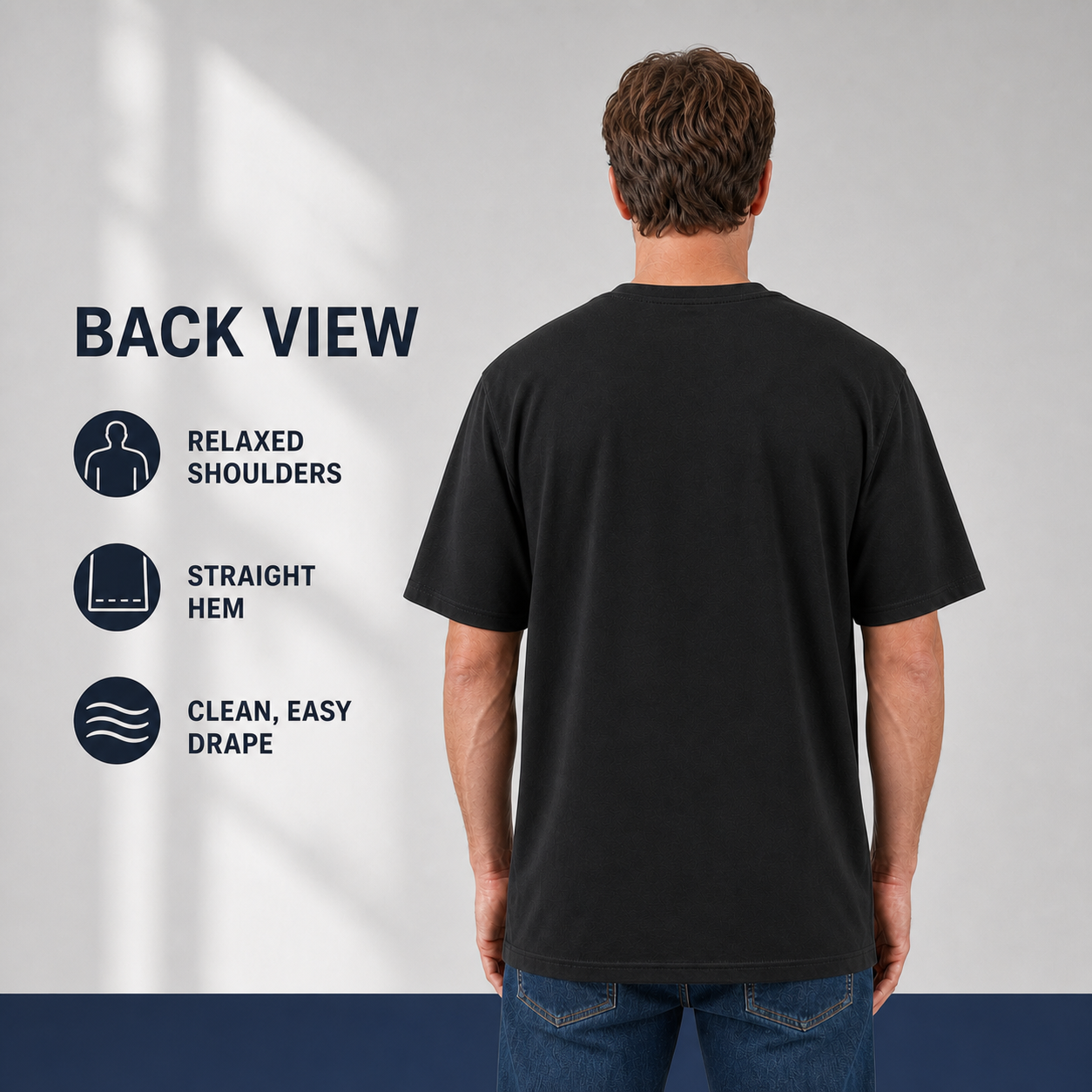 Black pocket Henley back view with a straight hem
