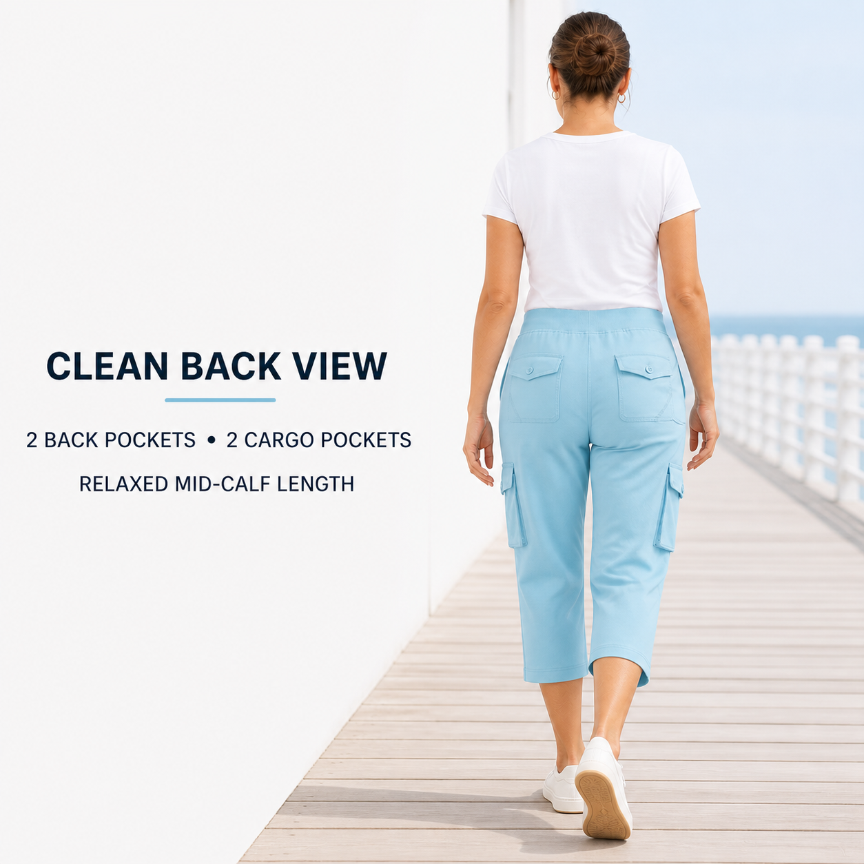 Sky Blue women's cargo capri pants back view