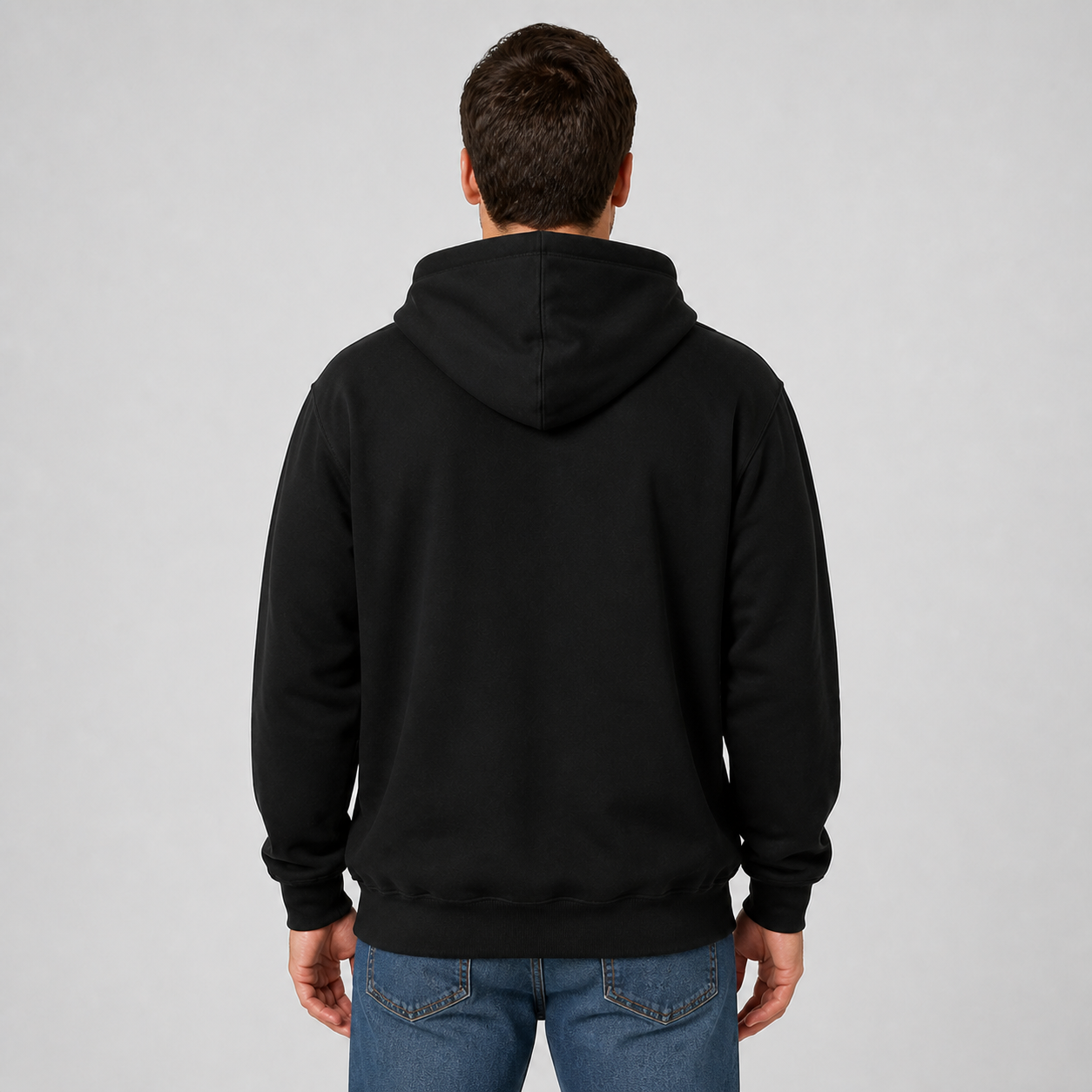 Back view of the brandless black loose-fit pullover hoodie