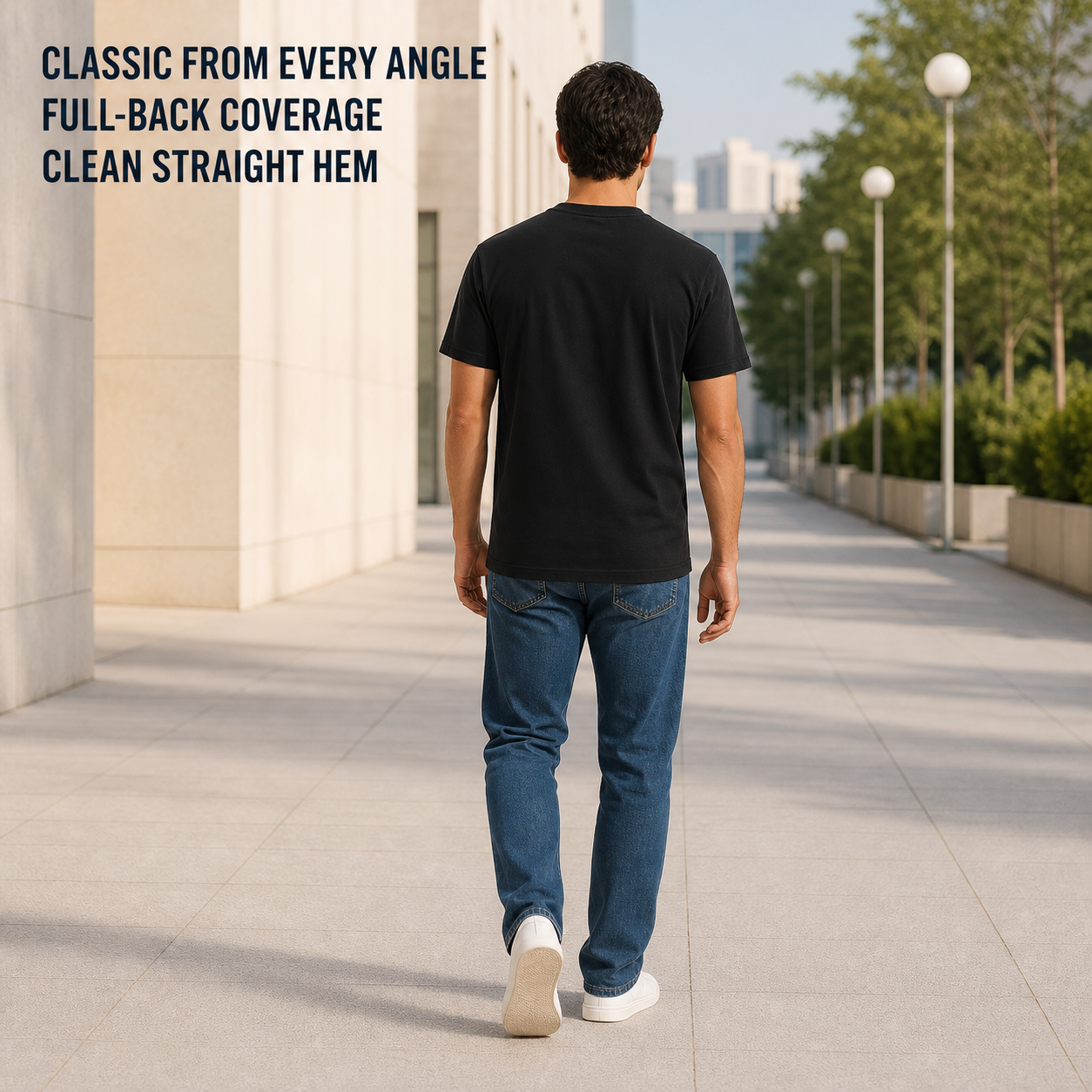 Rear view of a male model wearing the black heavyweight classic-fit crew-neck T-shirt