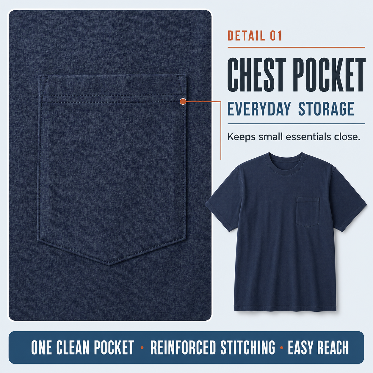 Chest pocket and reinforced stitching detail
