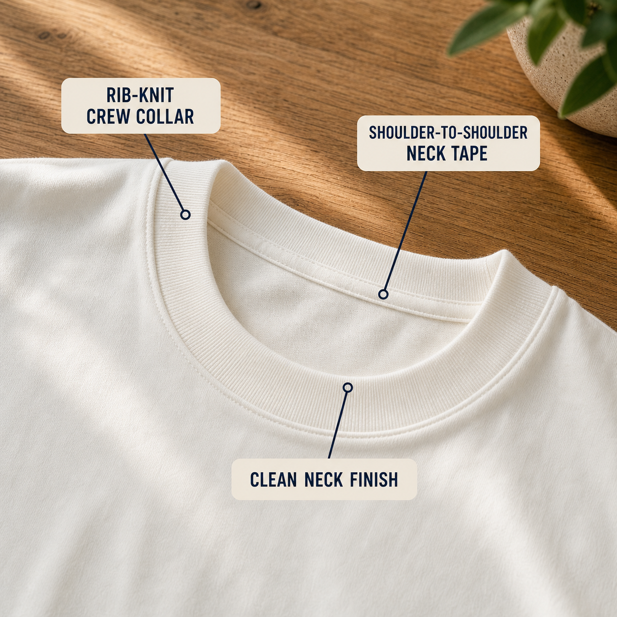 Rib-knit crew collar and shoulder-to-shoulder neck tape detail