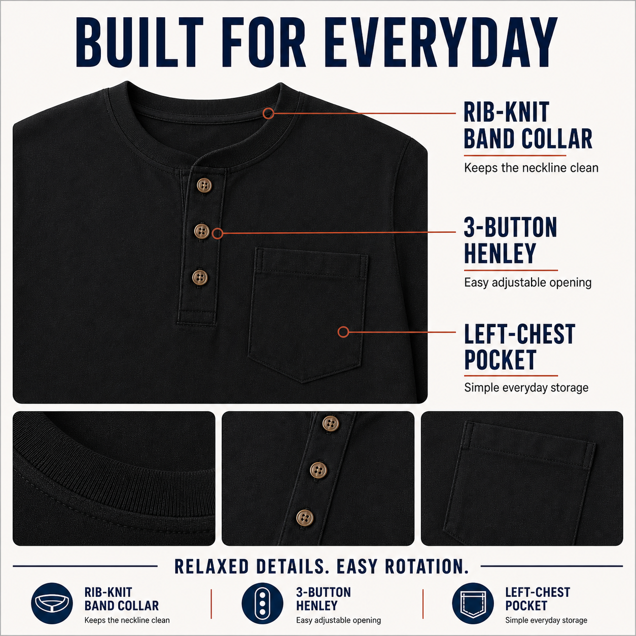 Rib-knit collar, three-button placket and left-chest pocket detail