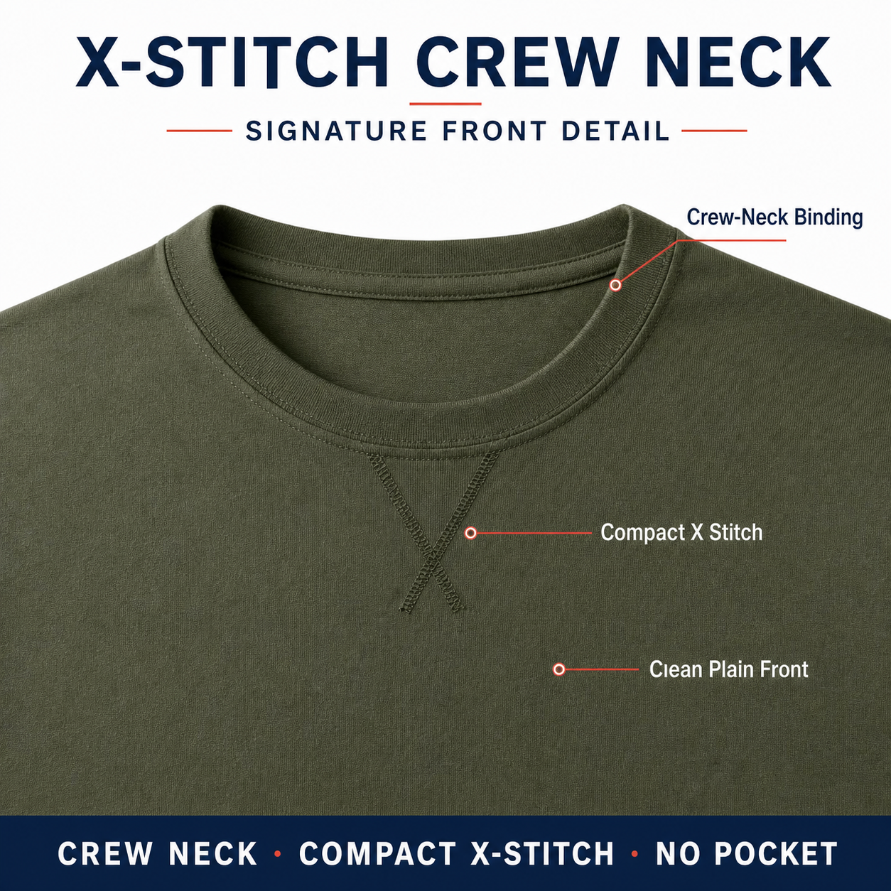 Crew-neck binding and compact X-stitch detail