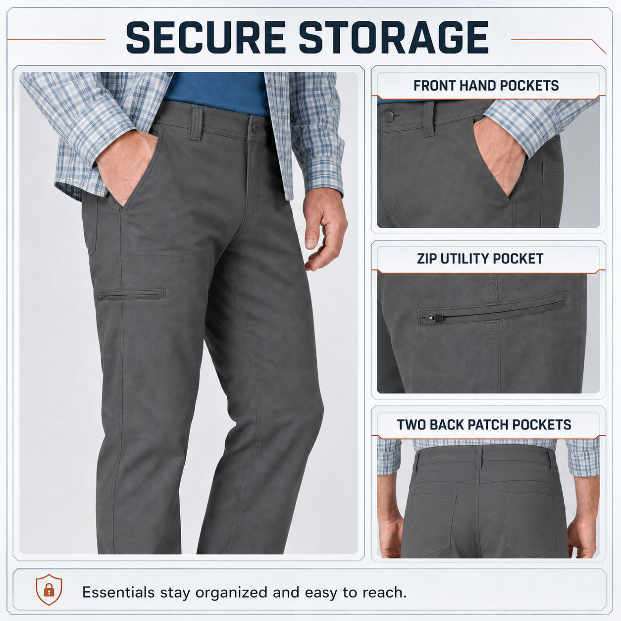 Secure zip utility pocket and two back patch pocket details