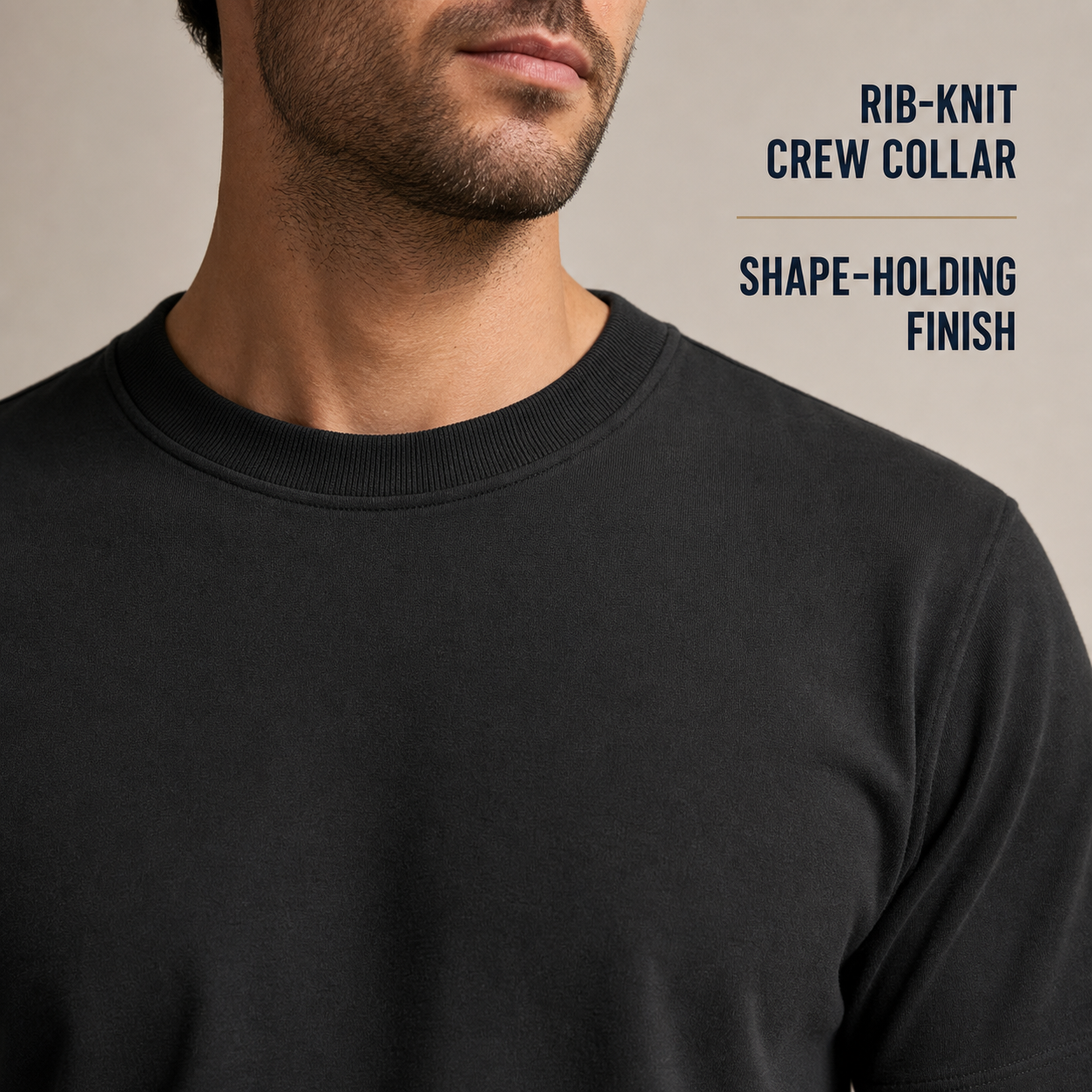 Model-worn rib-knit crew collar detail on the black heavyweight T-shirt