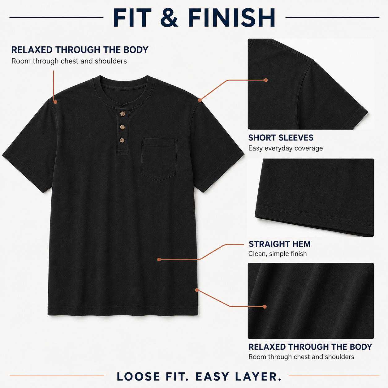 Loose fit, short sleeves and straight hem detail