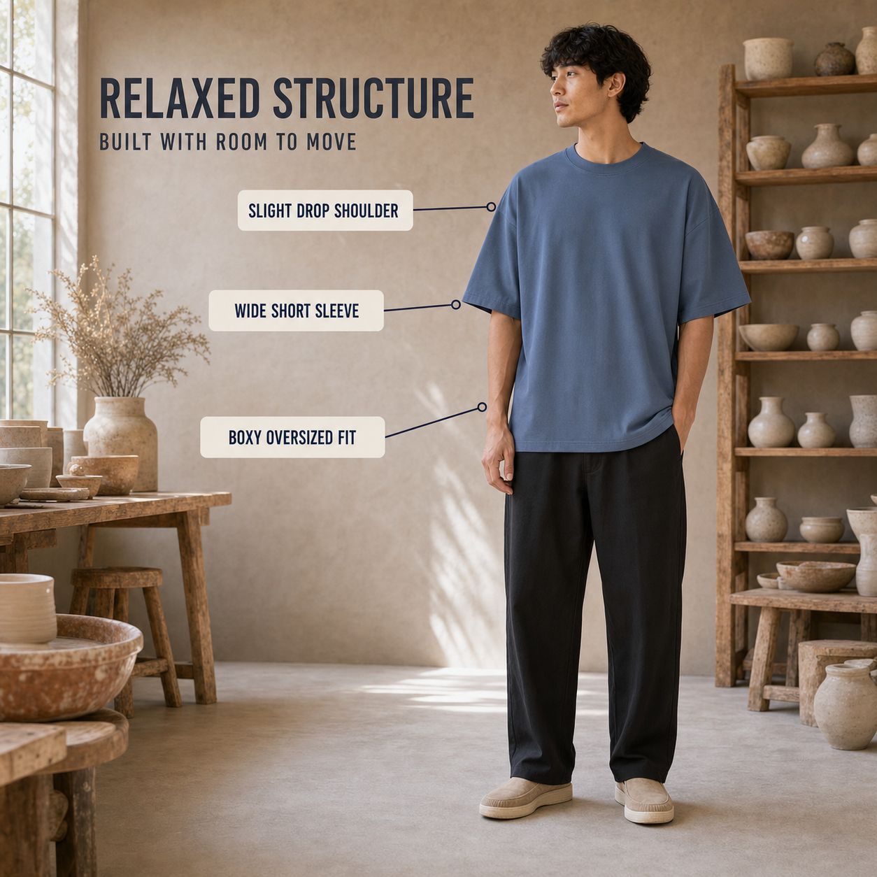 Slate Blue heavyweight oversized T-shirt showing slight drop shoulder, wide short sleeve, and boxy oversized fit on model
