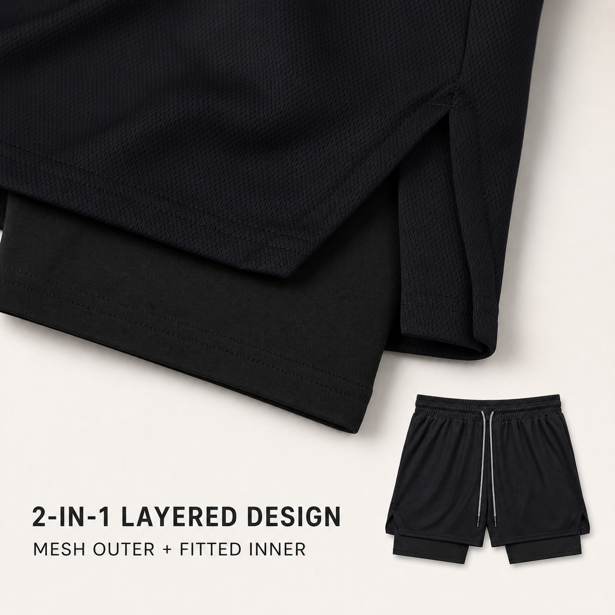 Mesh outer short and fitted inner layer detail