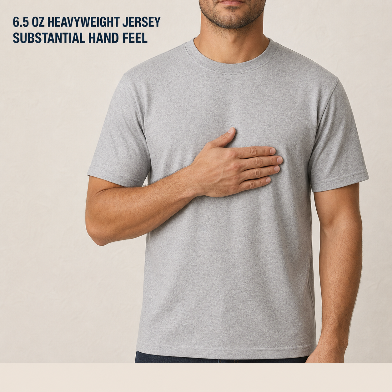 Model-worn 6.5 oz heavyweight jersey fabric detail in heather gray