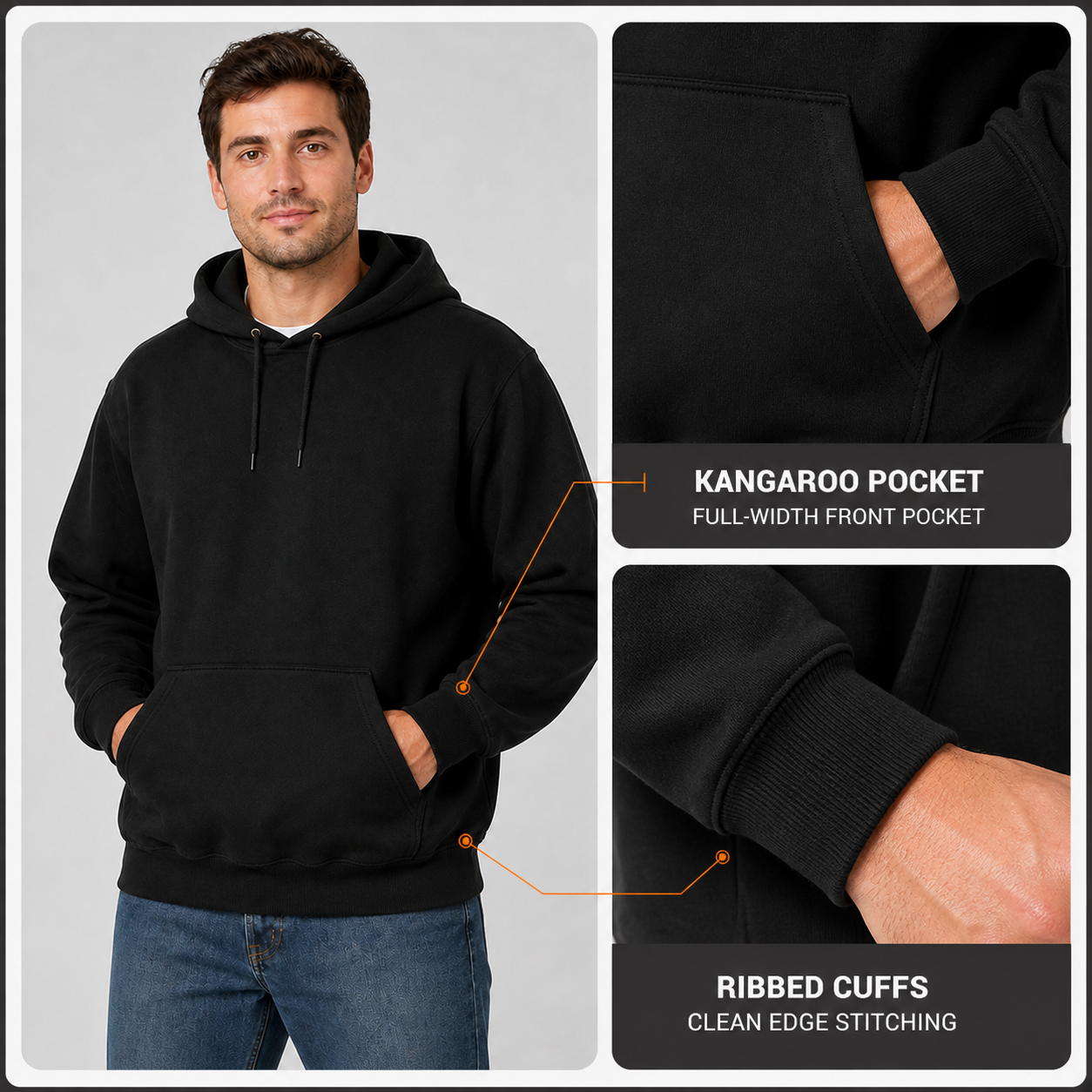 Kangaroo pocket and ribbed cuff details