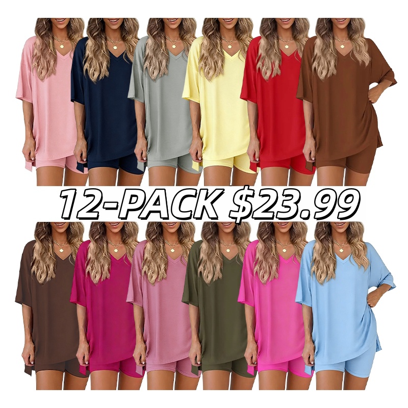 Women's Two Piece Lounge Set 2026 Summer Casual Oversized Shirts Biker Shorts Matching Airport Travel Outfit