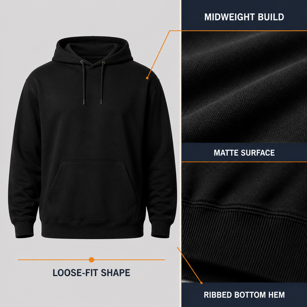 Midweight build and ribbed bottom hem details