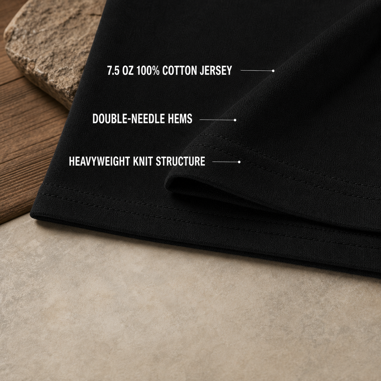 7.5 oz cotton jersey texture and double-needle hem detail