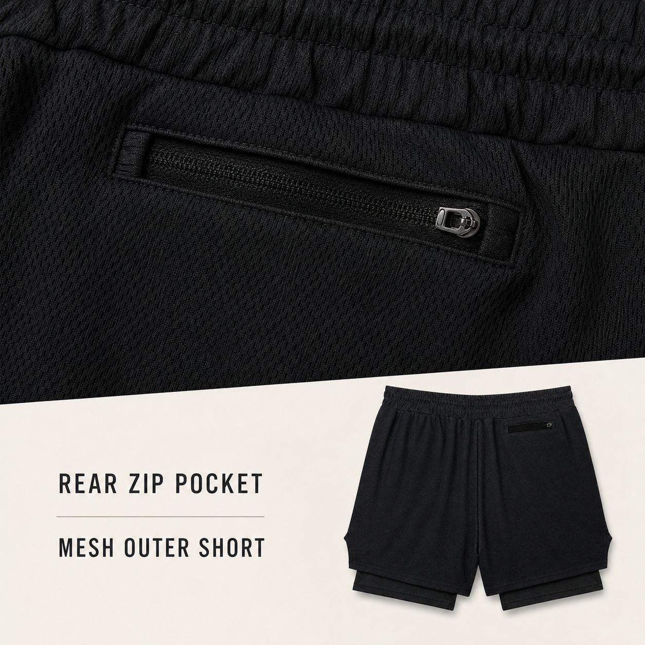Single rear zip pocket and mesh outer fabric detail