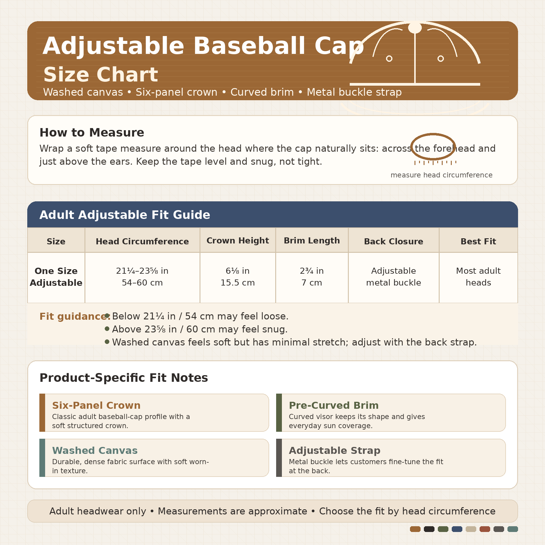 Size chart for adjustable adult baseball cap