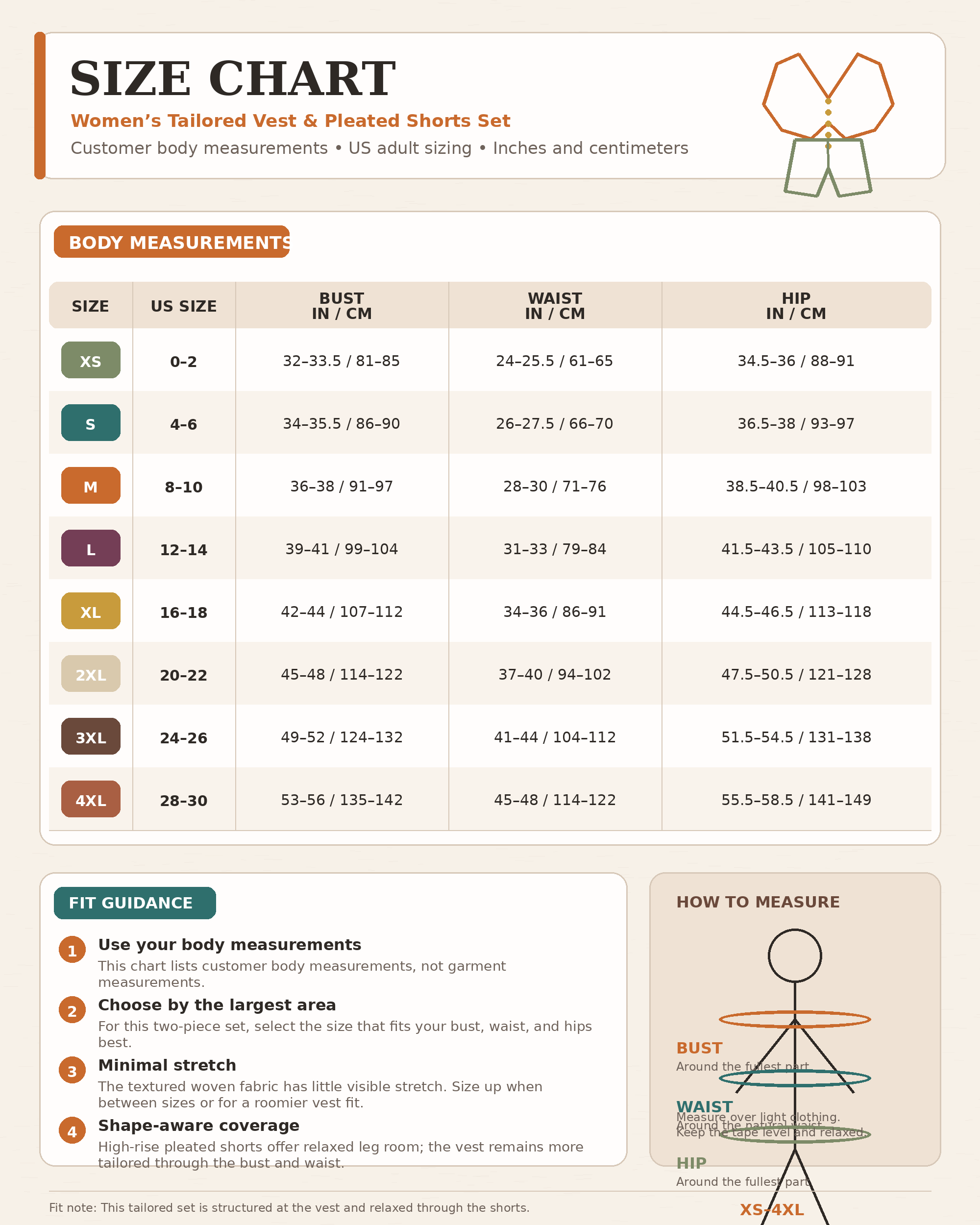 Size chart for the women tailored vest and pleated shorts set