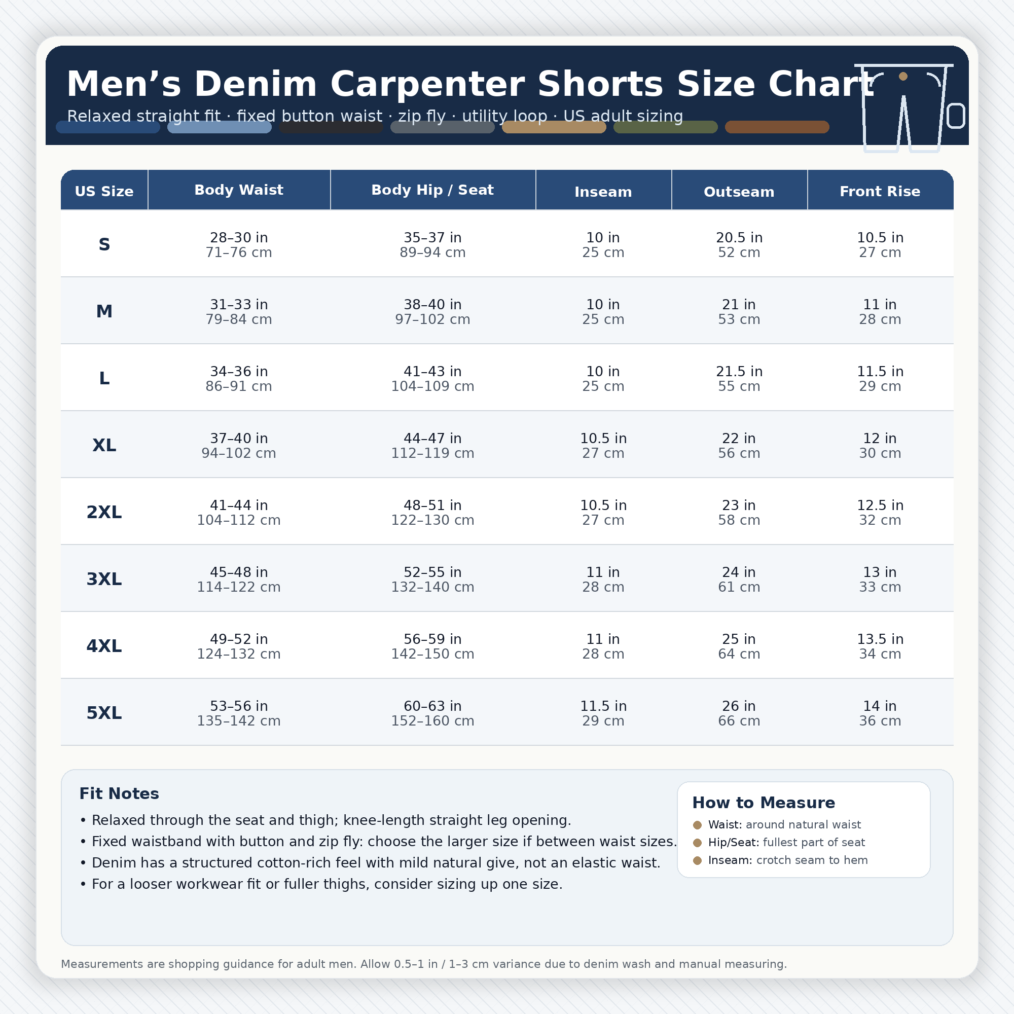 Men's denim carpenter shorts size chart