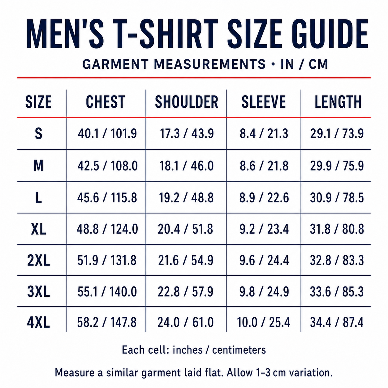 Men's longline T-shirt size guide S to 4XL