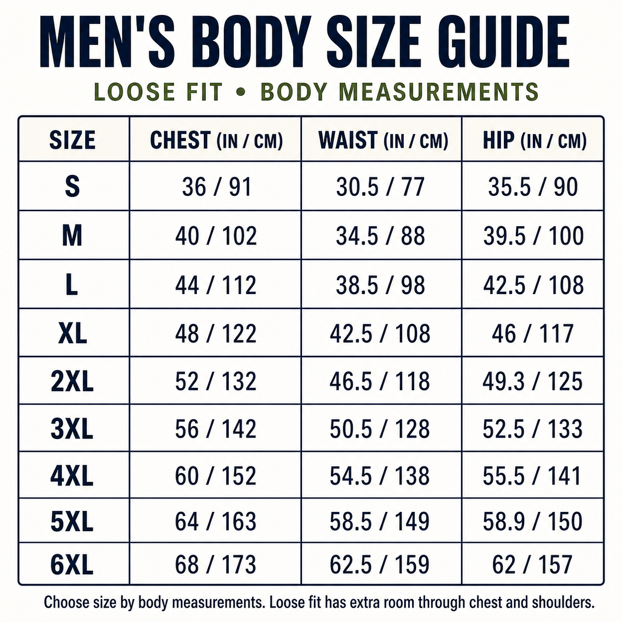 Men's body measurement size guide S through 6XL