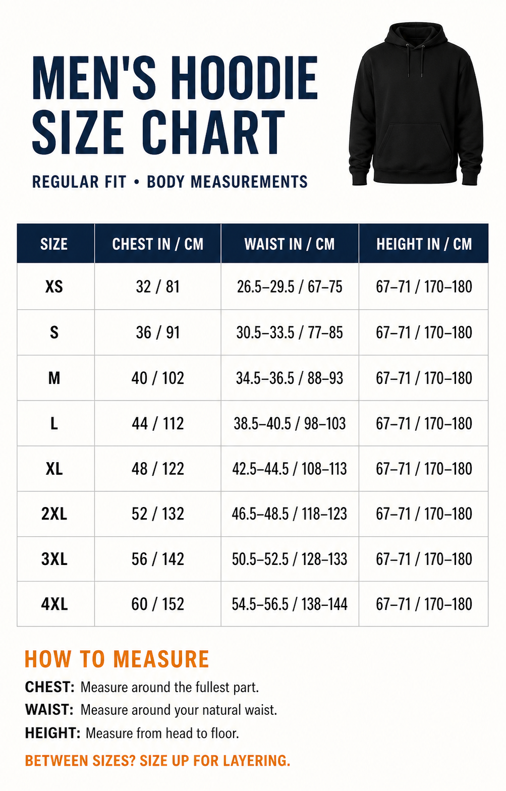 Men's regular hoodie body measurement size chart XS to 4XL