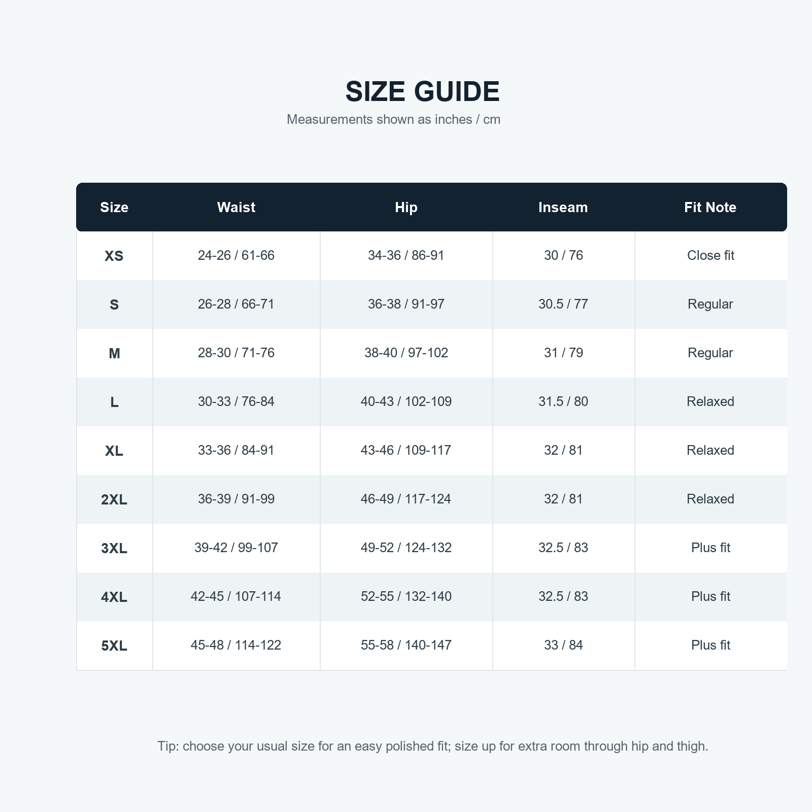 Wide leg pants size guide