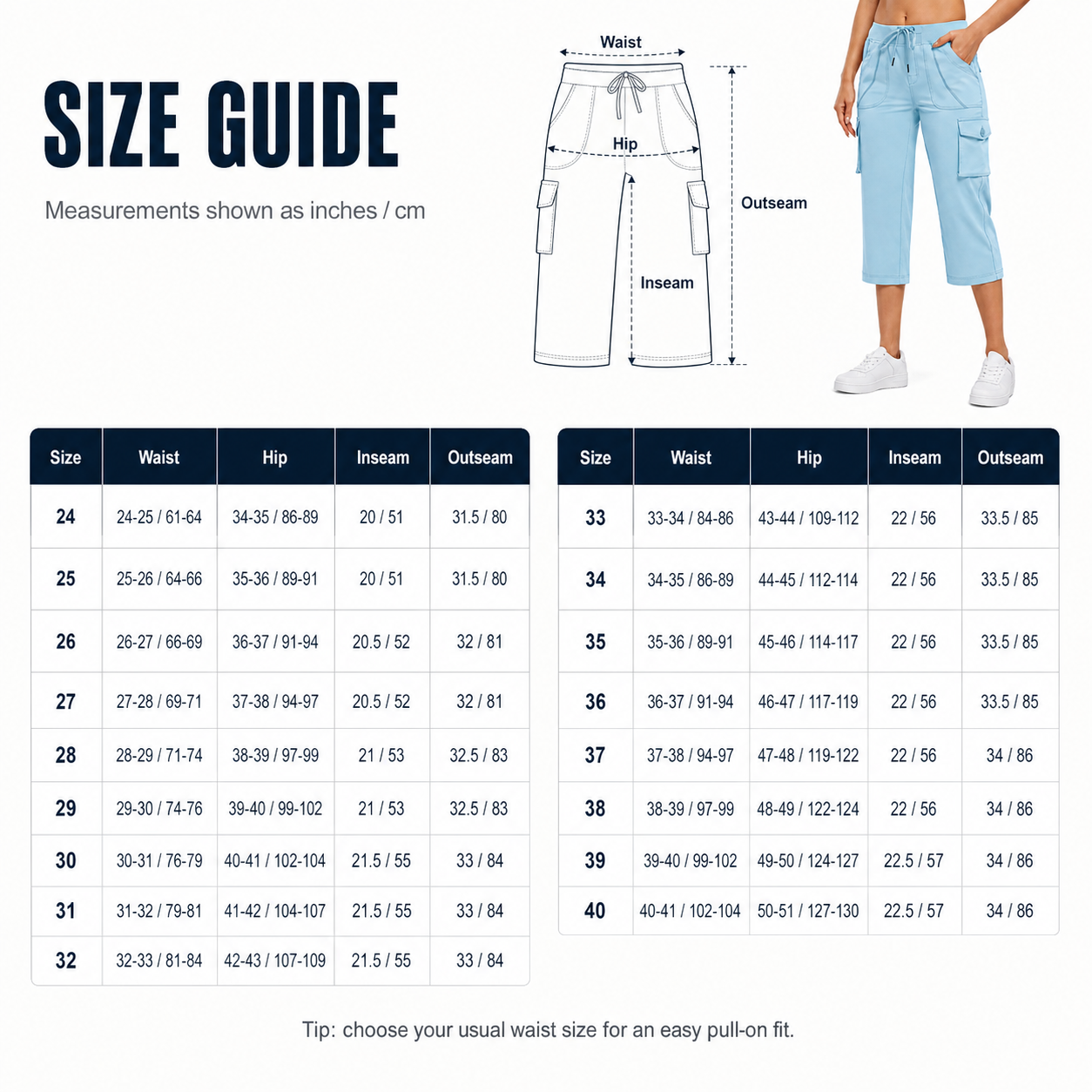 Women's cargo capri pants numeric size guide