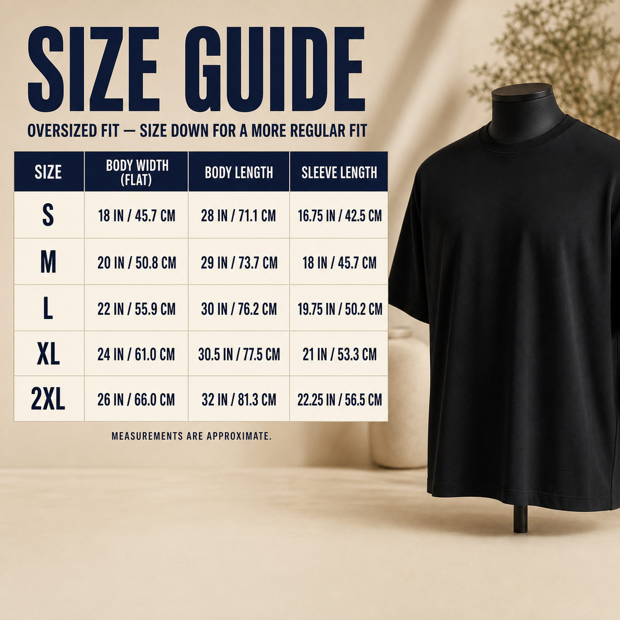 Oversized heavyweight cotton T-shirt size guide from S to 2XL