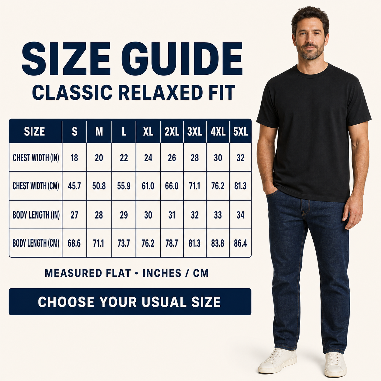 Classic relaxed-fit heavyweight T-shirt size guide from S to 5XL with male model