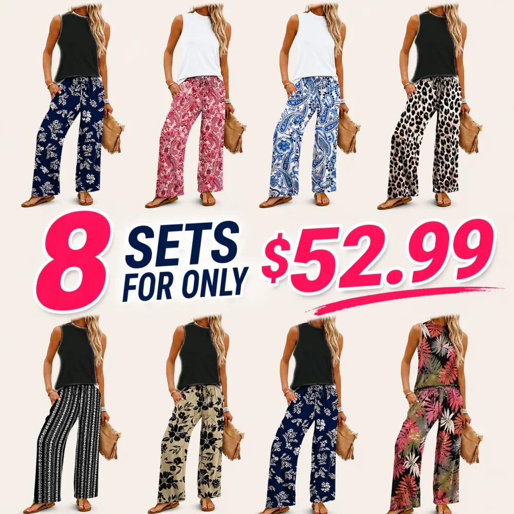 Women’s Summer Two Piece Set – Mock Neck Top & Wide Leg Pants Outfit