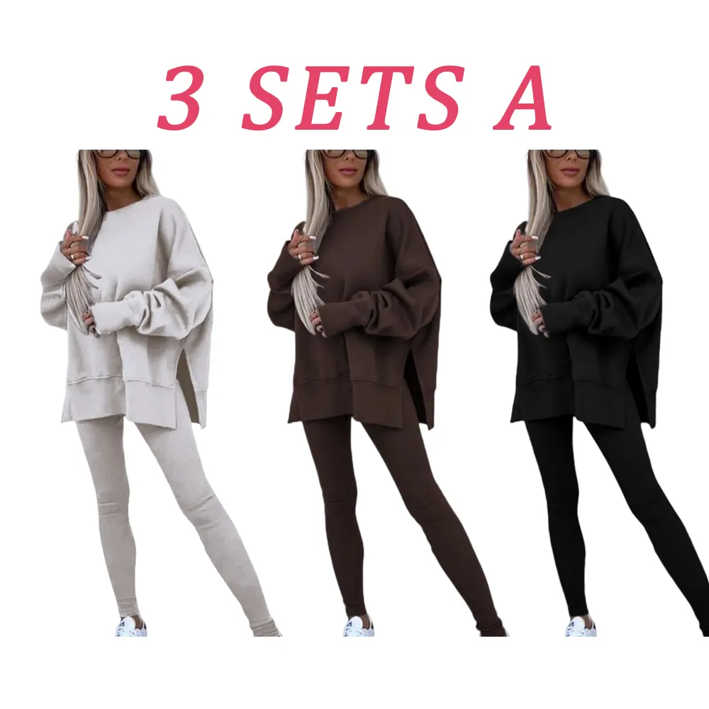 Women's Solid Drop Shoulder Split Hem Sweatshirt & Pants Two-piece Set