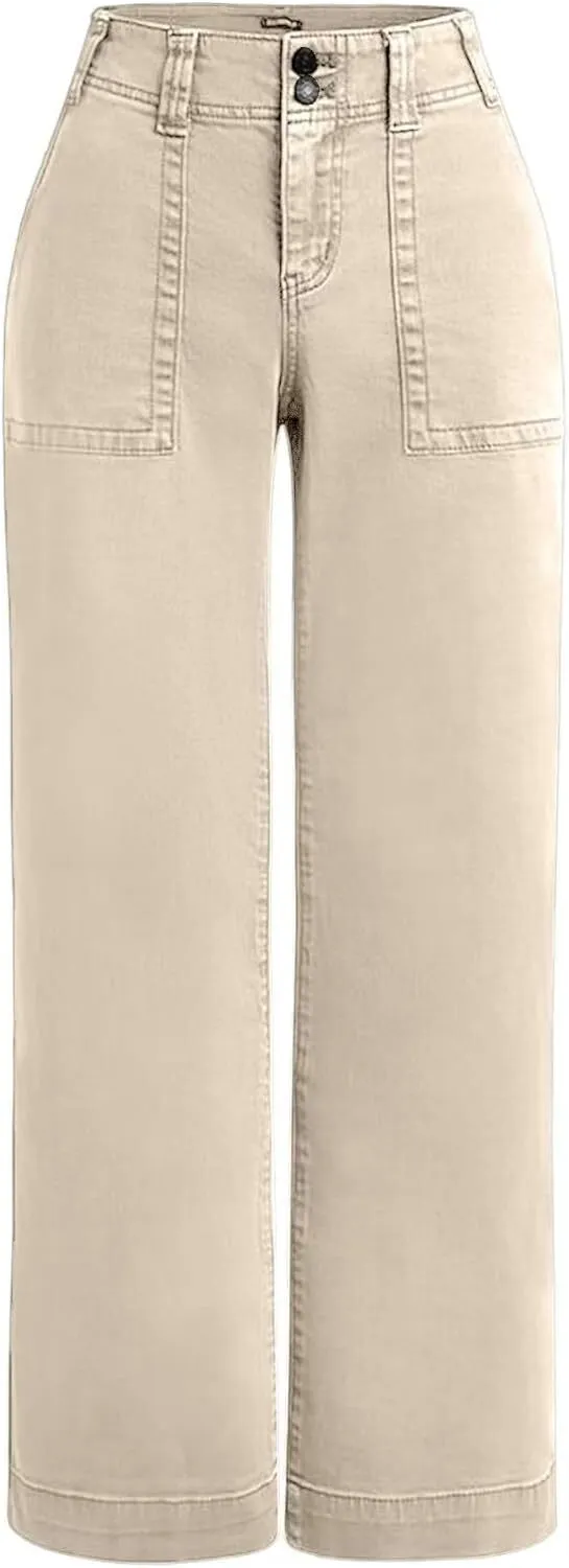 Double Button Mid Waist Straight Leg Pants