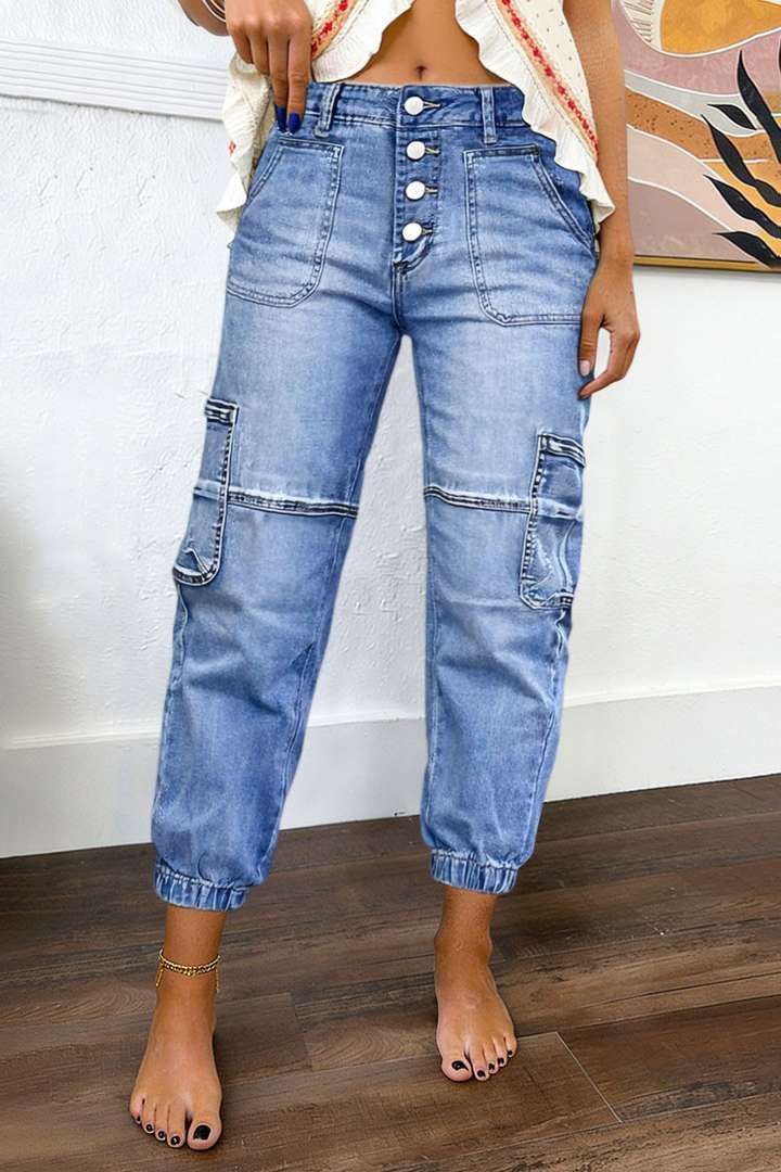 Multi Pocket Button Fly Mid Rise Straight Leg Jeans Without Belt gallery 1