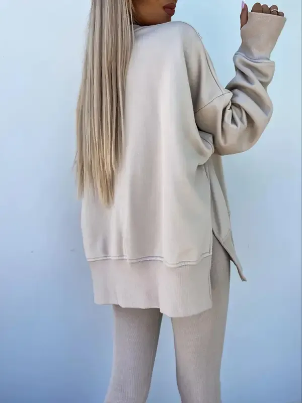 Women's Solid Drop Shoulder Split Hem Sweatshirt & Pants Two-piece Set