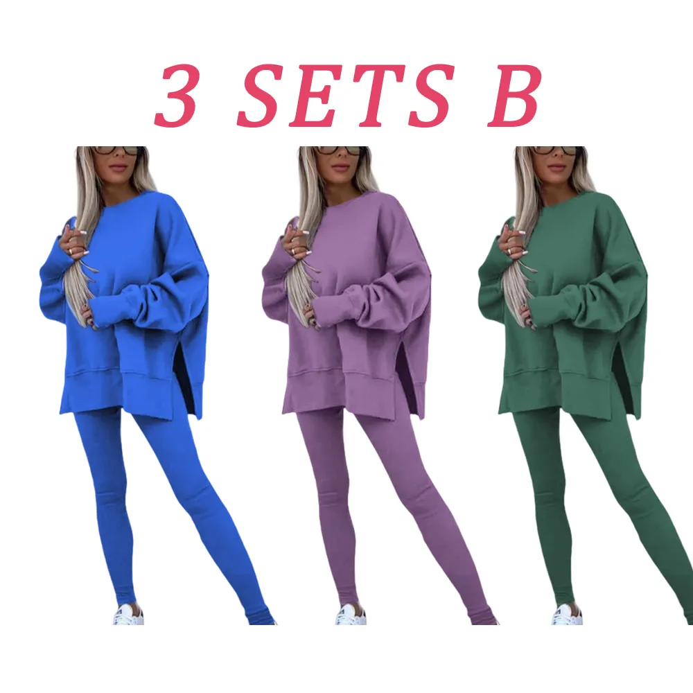 Women's Solid Drop Shoulder Split Hem Sweatshirt & Pants Two-piece Set