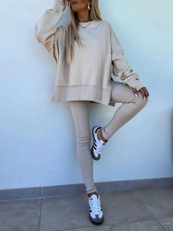 Women's Solid Drop Shoulder Split Hem Sweatshirt & Pants Two-piece Set