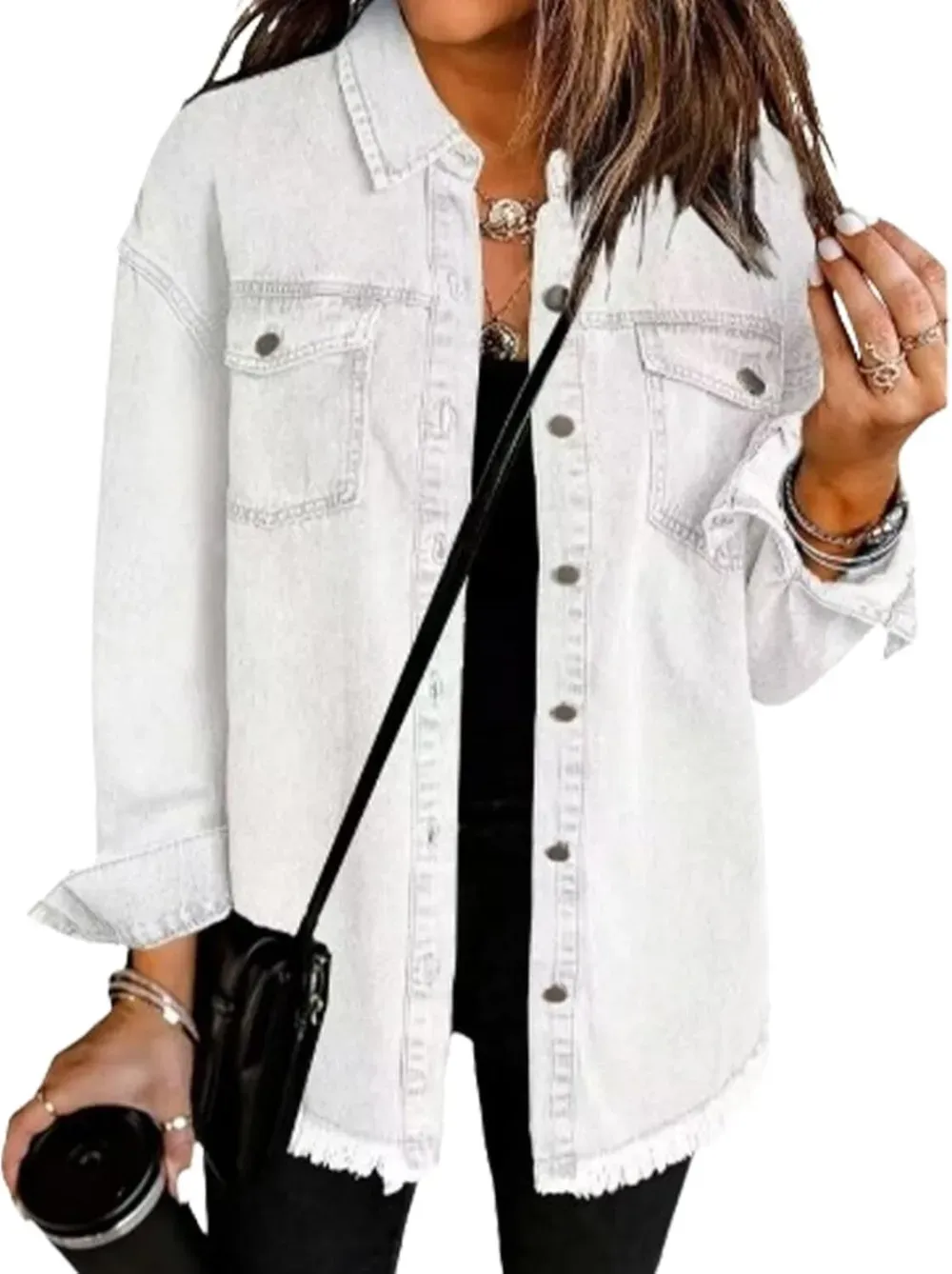 Women's Casual Denim Button Down Distressed Jacket