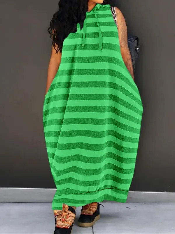 Women's Plain Drawstring Hooded Tank Dress, Casual Pocket Sleeveless Maxi Dress for Summer, Fashion Women's Clothing for Daily Wear