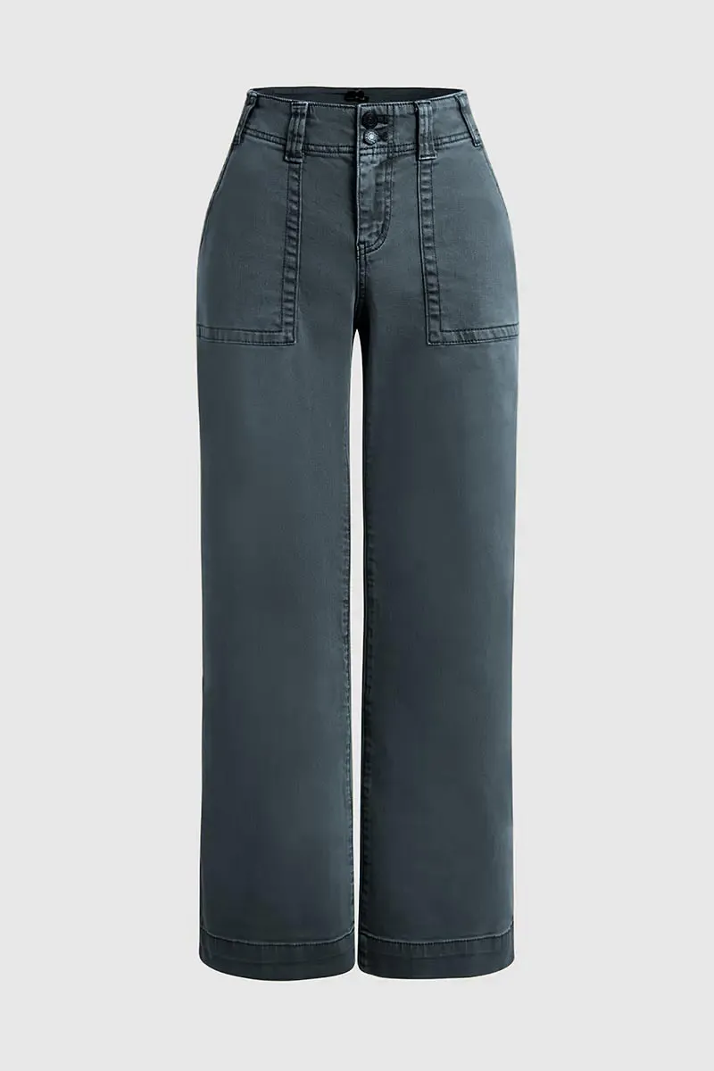 Double Button Mid Waist Straight Leg Pants