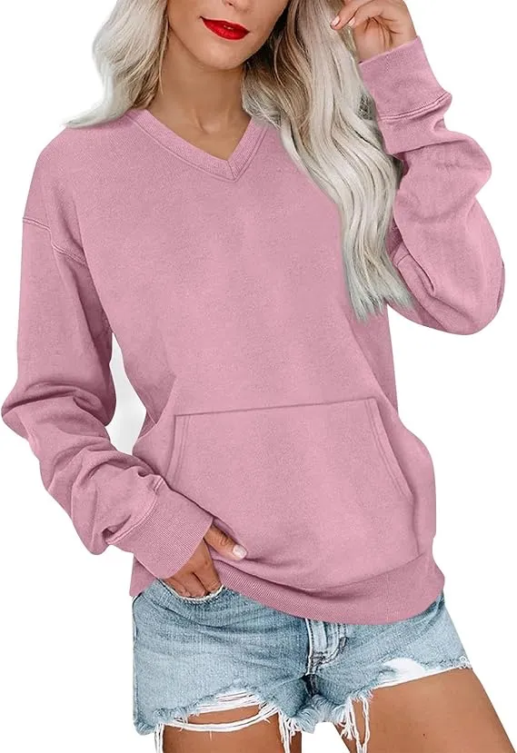 Women's V-Neck Fleece Sweatshirt – Oversized, Pocket, No Hood, Soft & Comfy