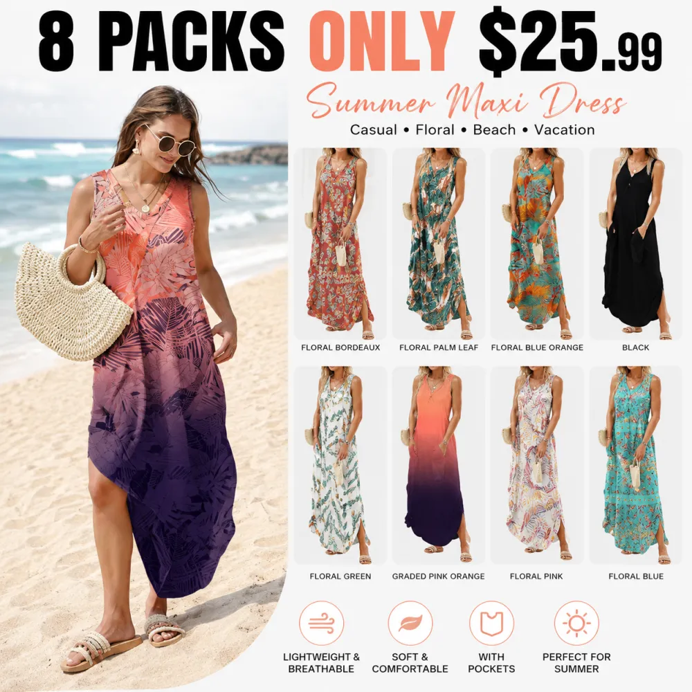 8 PACK Summer Floral Maxi Dress with Pockets – Beach Ready