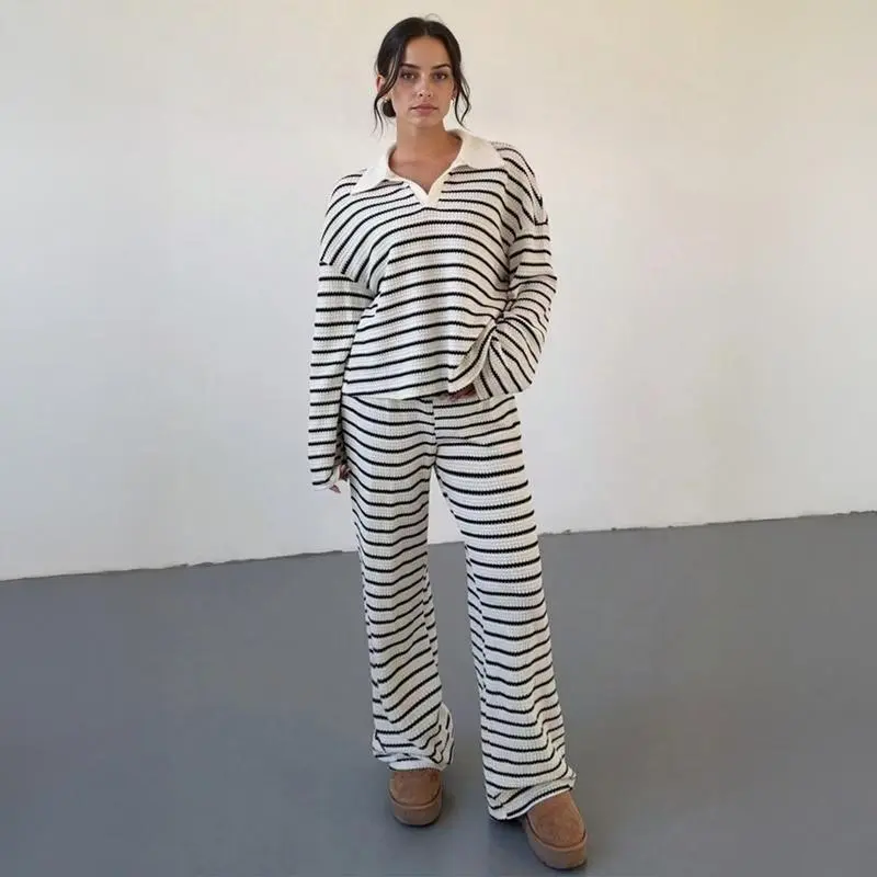 5 PACK $24 Women's Casual Color-Block Striped Long-Sleeve Top and Wide-Leg Pants Set